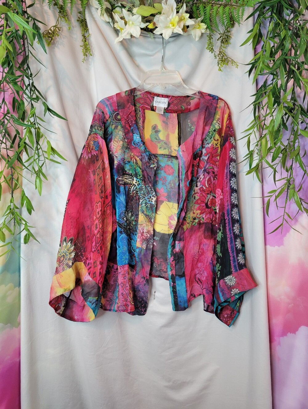 Beautiful Multicolor Floral Patchwork Sheer Silk Jacket